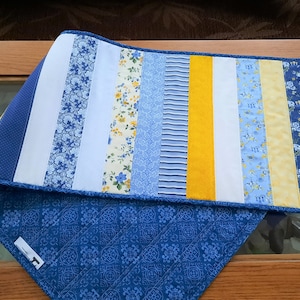 Blue Yellow Striped Quilted Table Runner, Patchwork Quilt