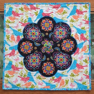 Kaleidoscope Quilted Wall Hanging, Contemporary Table Topper, Birds