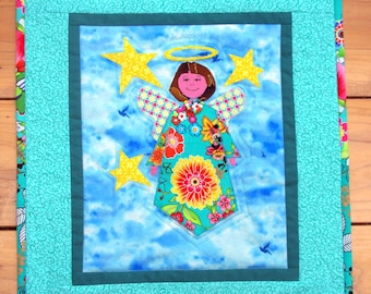 Guardian Angel Applique Small Art Quilt Wall Hanging, Turquoise, Beaded Necklace, Girl's Room