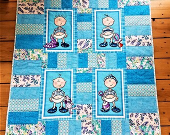 Whimsical Baby Quilt with Cartoon Babies 38.5"x36"