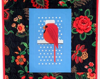 Red Cardinal Cross Stitch Quilted Wall Hanging, Red Roses Floral Quilt