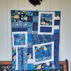 Modern Blue White Scrappy Quilted Wall Hanging, 33&quot;x40&quot;