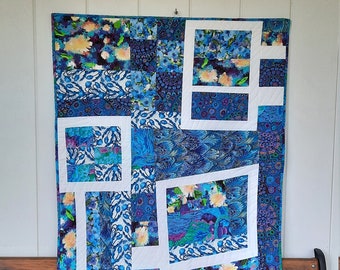 Modern Blue White Scrappy Quilted Wall Hanging, 33"x40"