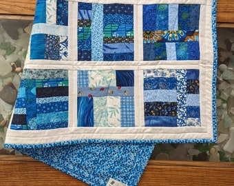 Scrappy Blue/White Quilted Table Runner, Handmade Quilt