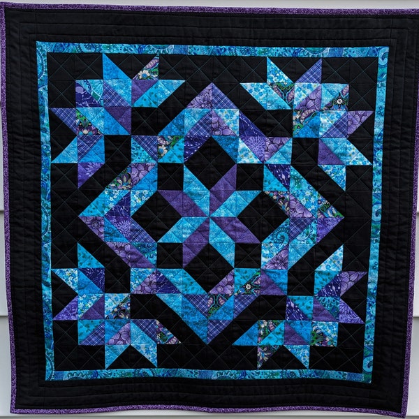 Striking Quilted Wall Hanging in Purple, Aqua and Black