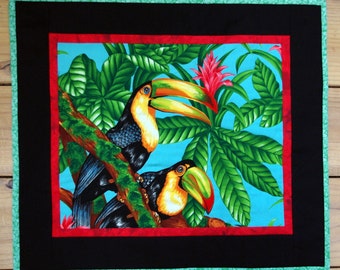 Toucans Quilted Wall Hanging, Jungle, Flowers, Tropical, Handmade Table Topper