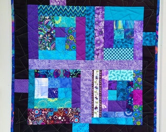 Scrappy Purple Turquoise Quilted Wall Hanging, Art Quilt, Table Topper