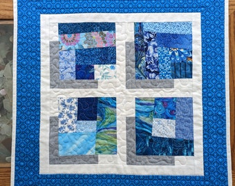 Quilted Scrappy Table Topper, Blue White Table Decor