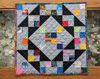 Scrap Quilt Table Topper or Wall Hanging, Colorful Scrappy Quilt