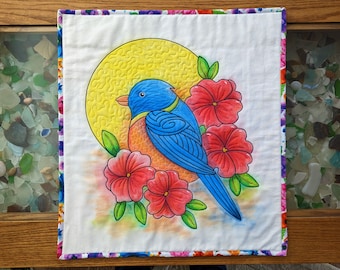 Bluebird Hand Painted Art Quilt, Quilted Wall Hanging