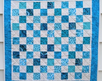 Turquoise and White Quilted Table Topper, Patchwork Quilt