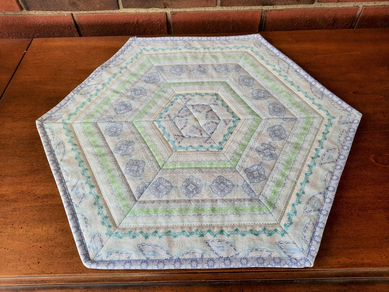 Quilted Hexagon Table Topper Handmade Quilted Purple Blue Etsy