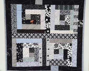 Black, White, Grey Scrap Quilted Wall Hanging, Table Topper, Scrappy Quilt