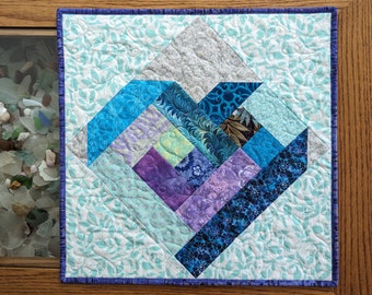 Small Heart Patchwork Quilted Table Topper, Scrappy Quilt