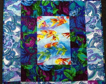 Gold Fish Quilted Wall Hanging, Blues, Green, Purple, Flowers, Handmade Quilt