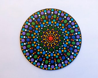 Dot Mandala Acrylic Painting on Wooden Disk, Hand Painted Dot Painting