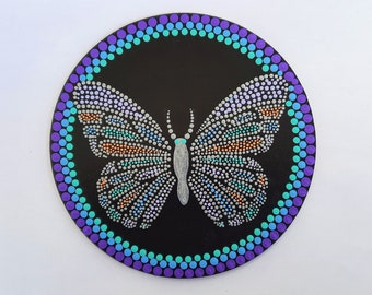 Dot Mandala Acrylic Painting on Wooden Disk, Hand Painted Butterfly Dot Painting