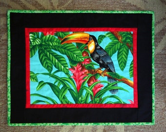 Toucan Quilted Wall Hanging, Jungle Quilt, Flowers, Tropical, Handmade Quilt