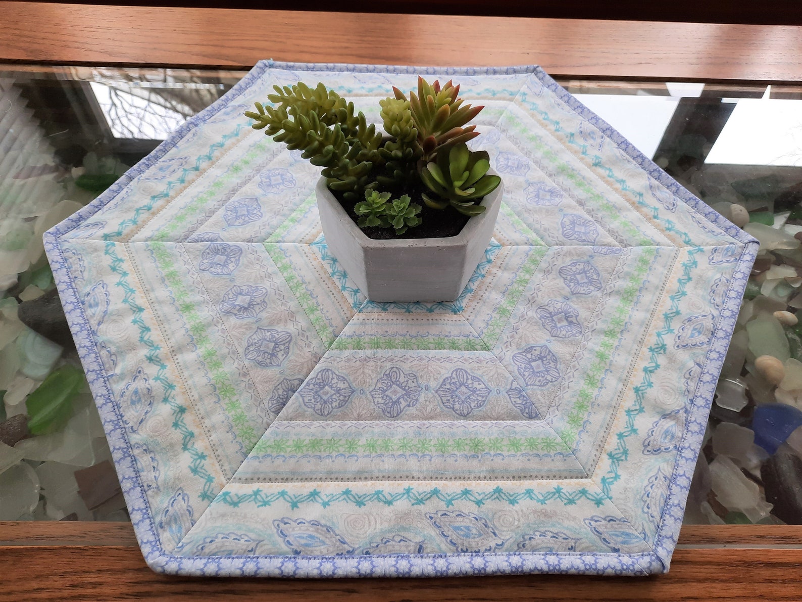 Quilted Hexagon Table Topper Handmade Quilted Purple Blue Etsy