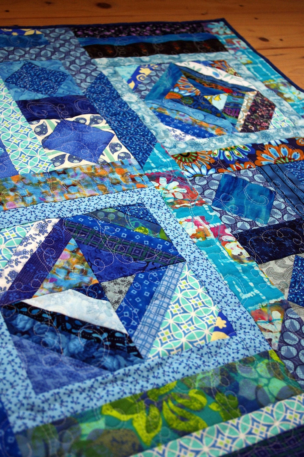 Art Quilted Wall Hanging Table Topper Handmade Modern Blue Etsy
