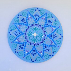 Hand Painted Dot Mandala Painting: Blue Wooden Disk Art
