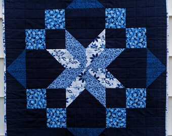 Large Navy Blue Patchwork Quilt Table Topper, Quilted Wall Hanging