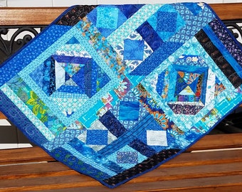 Scrap Quilt Wall Hanging, Table Topper, Handmade Modern Blue Quilt, Finished Quilt