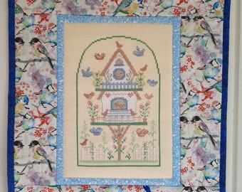 Counted Cross Stitch Birdhouse with White Picket Fence, Quilted Wall Hanging