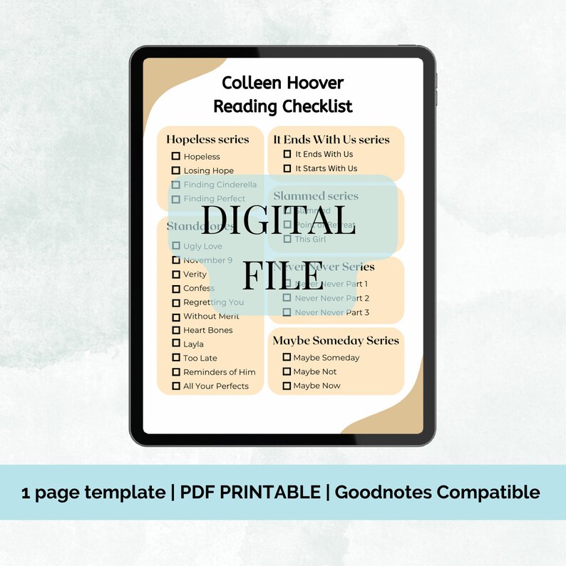 Colleen Hoover Reading Checklist, Digital Printable, Reading Tracker ...