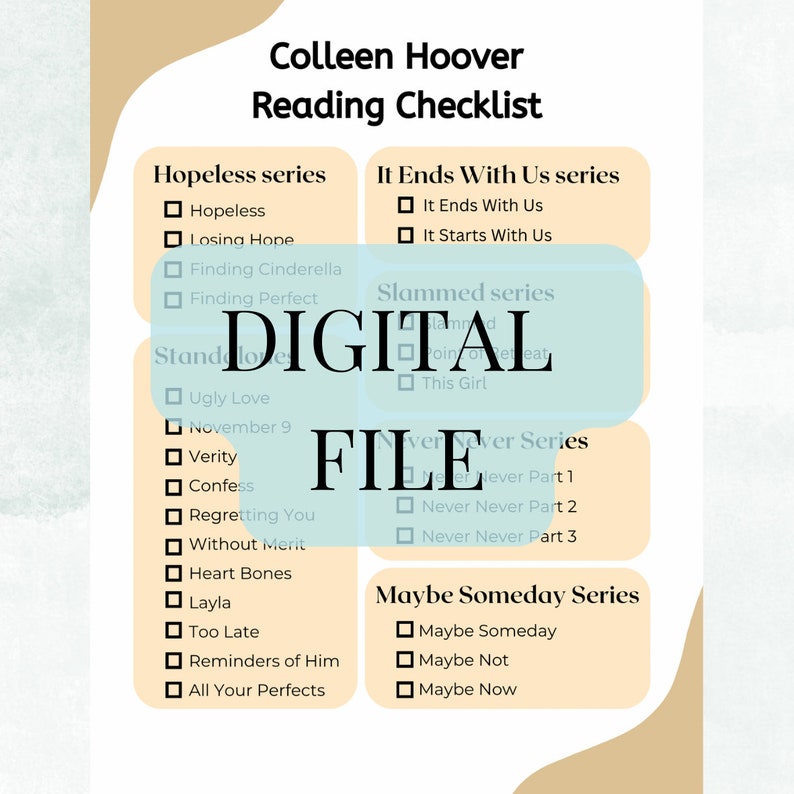 Colleen Hoover Reading Checklist, Digital Printable, Reading Tracker ...