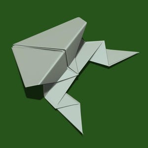 Peut inclure: Un requin origami gris clair, plié en papier, est présenté sur un fond vert foncé. La forme du requin est angulaire, avec des plis nets définissant sa forme. Le design est simple et moderne.