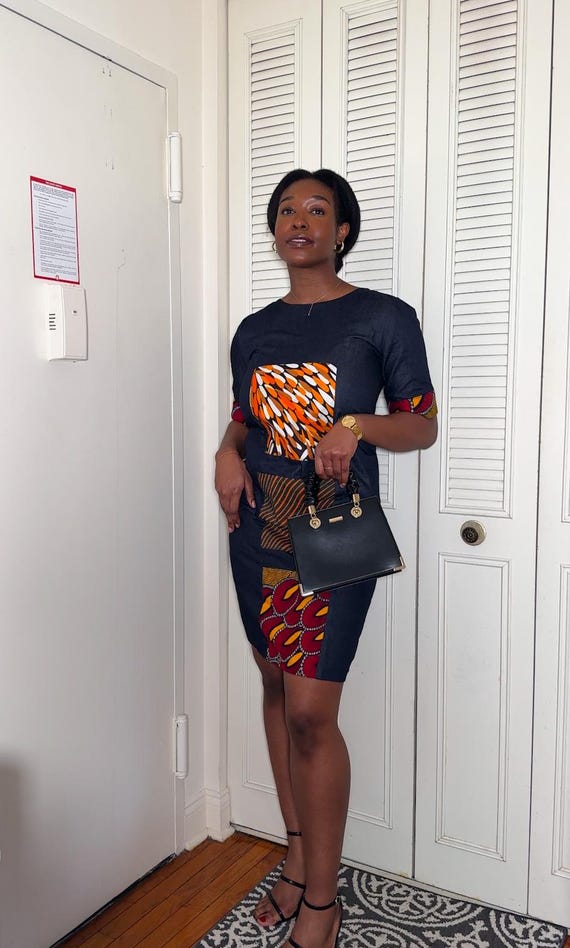 Boat Neck Patchwork Dress Denim and Orange Africa Ankara Fabric Denim Ankara