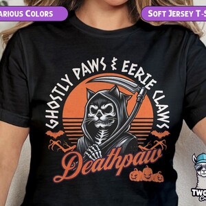 Halloween T-Shirt Deathpaw Ghostly Paws & Eerie Claws Cat Grim Reaper Graphic Tee Spooky Cat Shirt Halloween Cat Costume, Scary Cat T-Shirt