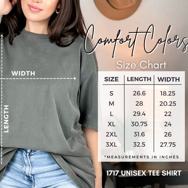 May include: Size chart for a unisex t-shirt, showing measurements in inches for sizes S, M, L, XL, 2XL, and 3XL. The chart shows the length and width of each size.