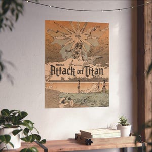 Puede incluir: Un póster de estilo vintage para la serie de anime "Ataque a los Titanes". El póster presenta un Titan grande y multibrazo con una corona en la cabeza. El texto "Ataque a los Titanes" está escrito en una fuente negra y en negrita.
