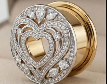 ETERNAL HEART™ – Calibro auricolare a forma di cuore in moissanite di qualità diamante incastonato a mano / Lussuoso dilatatore pavé