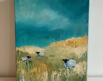 Waar zijn de schapen? Landschap met schilderij van schapen