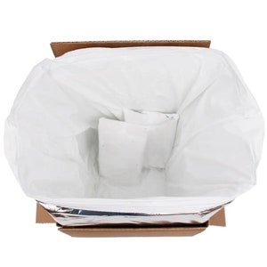 May include: A cardboard box with a white insulated liner. The liner is folded down inside the box, creating a pouch-like shape.