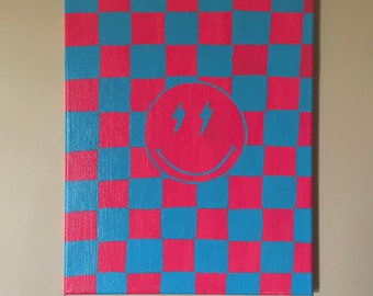 Checkered Background with Smiley Face Canvas Painting