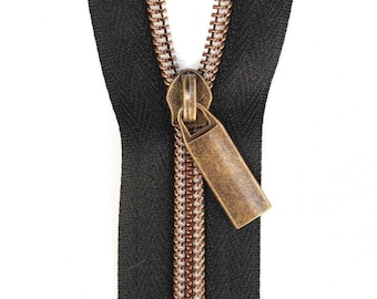 Black #5 Nylon Antique Brass Coil Zipper Tape: 3 Yards with 9 Pulls from Sallie Tomato