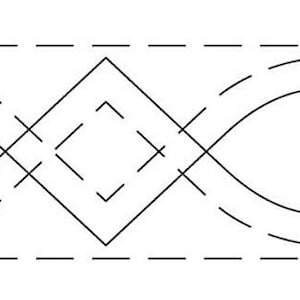 May include: A black and white line drawing of a geometric design with a diamond shape in the center and two curved lines on either side.