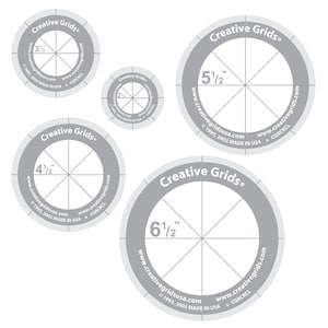 May include: Four gray circular templates with a grid pattern and the text "Creative Grids" and "www.creativegridsusa.com". The templates are labeled with the following sizes: 3 1/2", 2 1/2", 4 1/2", and 6 1/2".