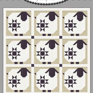 May include: A quilt pattern featuring a grid of sheep with star-shaped designs. The sheep have black heads and are set against a neutral background. The text "Coriander Quilts" and "#188 Wooly Stars" are visible.