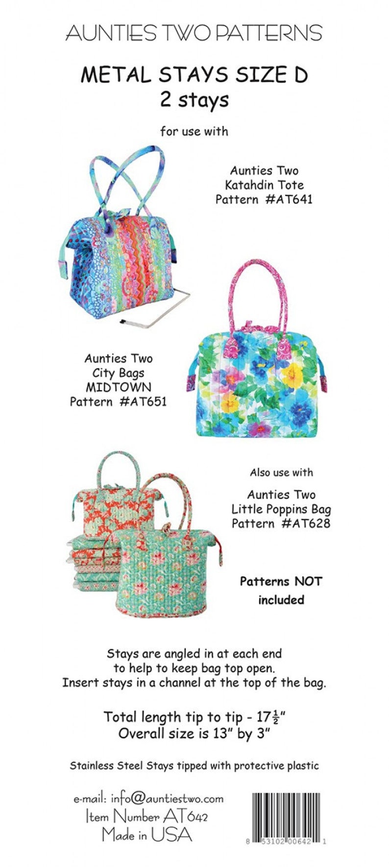 Stays 2-Pack Size D 13-inch x 3-inch AT642 for Little Poppins, Katahdin Tote, City Bag Midtown, Kaleidoscope Patterns by Aunties Two immagine 1