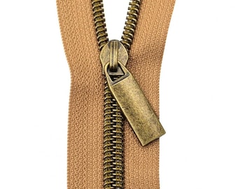Natural #5 Nylon Antique Brass Coil Zipper Tape: 3 Yards with 9 Pulls from Sallie Tomato