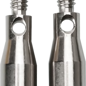 May include: Two silver metal threaded rod ends with a hole in the center. The rod ends are about 2 inches long.