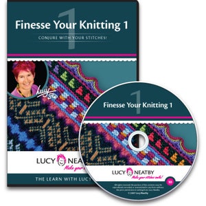 May include: DVD and CD case with a blue background and the text "Finesse Your Knitting 1" in white. The image shows a woman with red hair and a colorful knitted pattern.