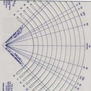 May include: A white plastic tool with blue markings for cutting perfect circles from 6 to 17 inches in diameter. The tool has a ruler, fold lines, and markings for seam allowance. The text "Cut A Round" is printed on the tool.