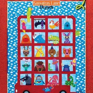 May include: A red double-decker bus with a blue and white patterned background. The bus is filled with various animal characters, including a parrot, a bat, a rooster, a seal, a rhinoceros, a chameleon, a rabbit, a deer, a horse, a beaver, a lion, a mouse, a yeti, a worm, an ostrich, a bull, a butterfly, a wolf, a shark, an octopus, and a snake. The text "Zootopolis 2" and "Sassafras Lane Designs" is visible on the image.