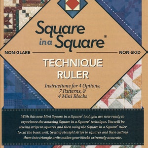 May include: A brown and tan Square in a Square quilting ruler with the text "Square in a Square" and "Technique Ruler" printed on it. The ruler is designed to help quilters create accurate square-in-a-square blocks. The ruler is shown against a background of quilt blocks.